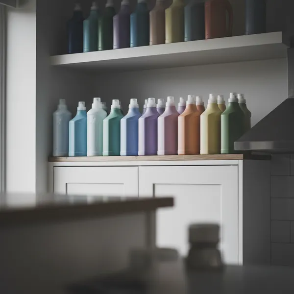 Household cleaning bottles stored high out of reach